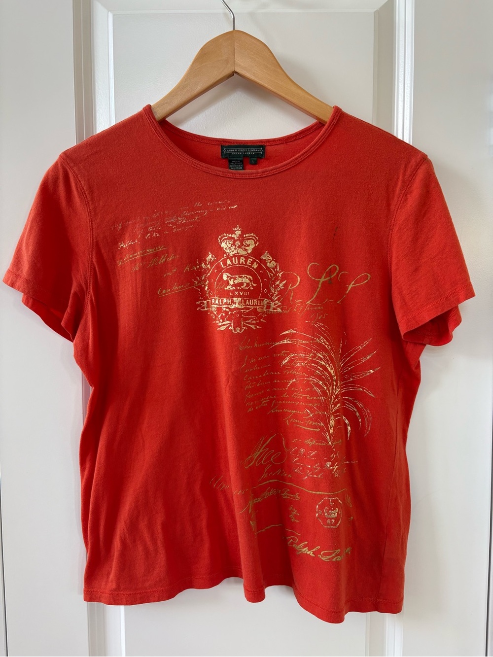 Ralph Lauren Y2K Orange All Over Print Graphic Crewneck T Shirt Vintage